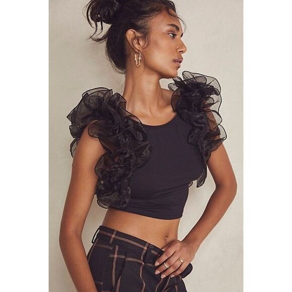 Free People Intimately House Party Crop Top Ruffle Sleeve Size Small Black NEW - Picture 1 of 4